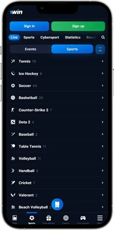 Screenshot of sportsbook 1win App PK