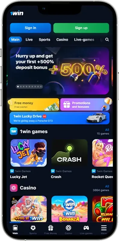 Screenshot of the 1win App PK homepage