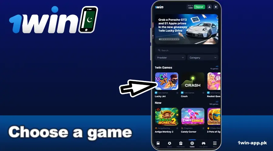 Select a game on the 1win PK app